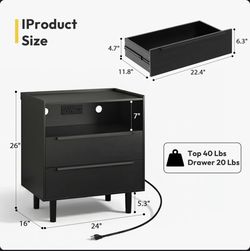 Modern 2-Drawer Nightstand with Charging Station and Open Shelf $115
