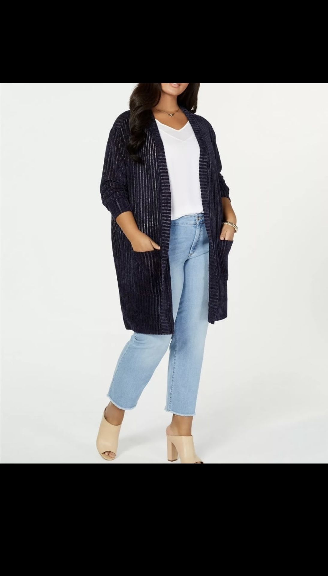 Say What? Women’s navy Ribbed Duster Cardigan Sweater, 3X
