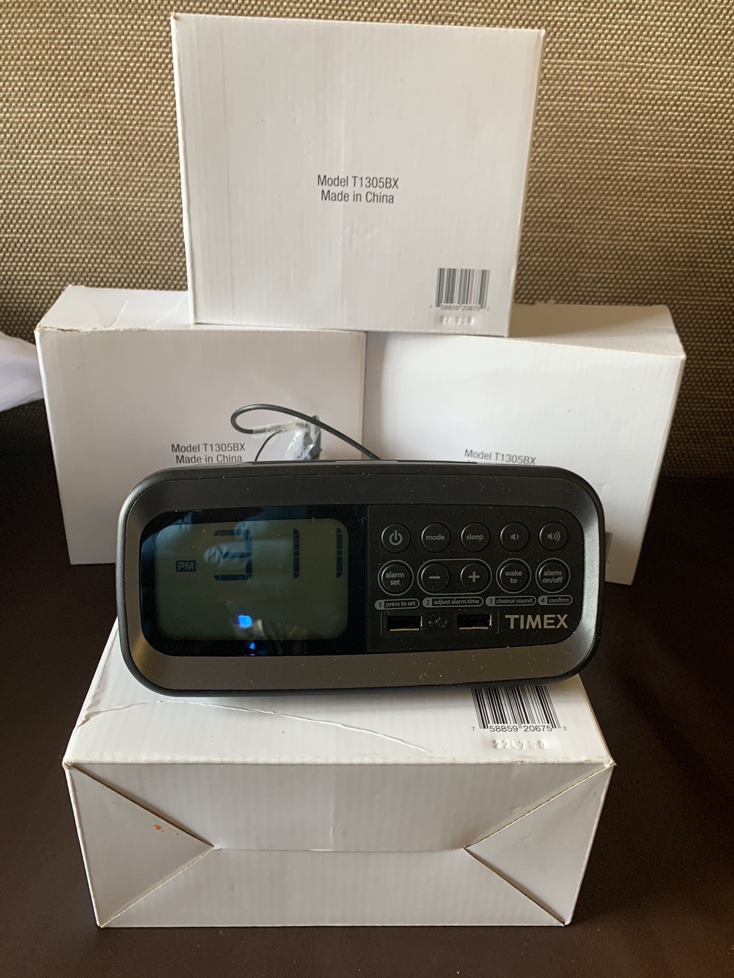 4 brand new Timex dual alarm clock radios with usb charging ports