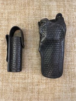 Holster & Pepper Spray Holder, TEX Shoemaker basket weave pattern leather. “Police Issue”