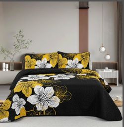 DJY Quilt California King Size, 3 Pcs Gold Floral Bedspread Coverlet Set