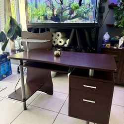 Dark Brown Computer Gaming Desk w/ Drawers & Glass Shelf