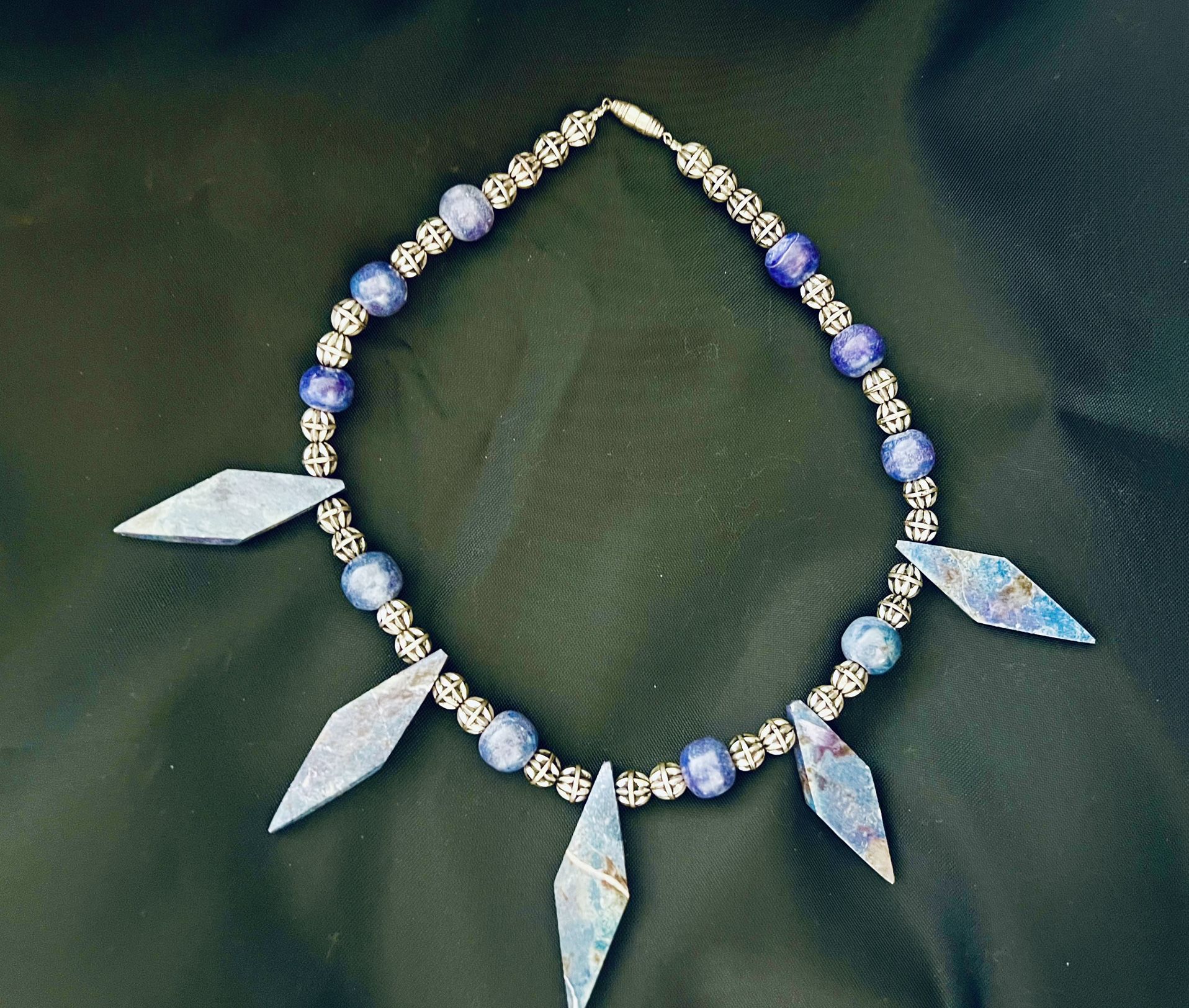 LAPIS LAZULI Necklace~Silver Cage & Lapis Beads~5 Marquise Lapis Pendants