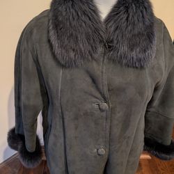 Women's Genuine Shearling Fur Trimmed Jacket Coat Size M