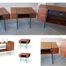 TV/console/media stand & two side/end table set (ultra contemporary walnut Finish Veneer wood glass)