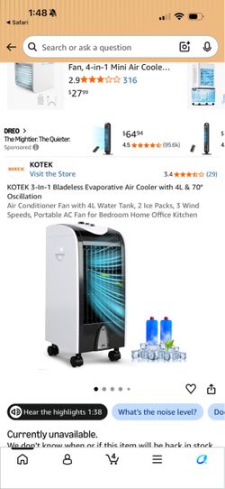 KOTEK 3-in-1 Bladeless Evaporative Air Cooler