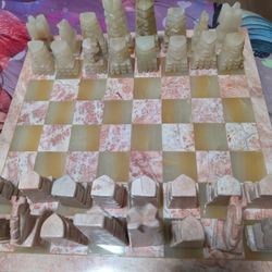Vintage Onyx and Marble Hand Made Chess Set Complete 14" x 14"