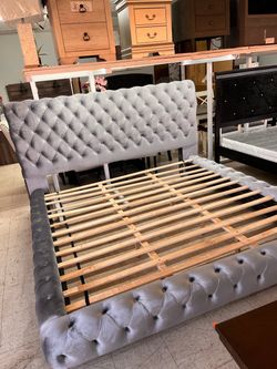 Queen or king platform bed and mattress grey velvet
