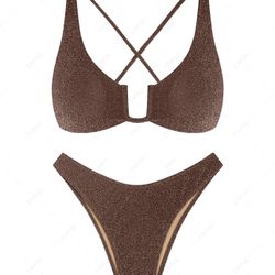ZAFUL Metallic Sparkly Lace Up Criss Cross String Bikini Set Shine-Coffee Small