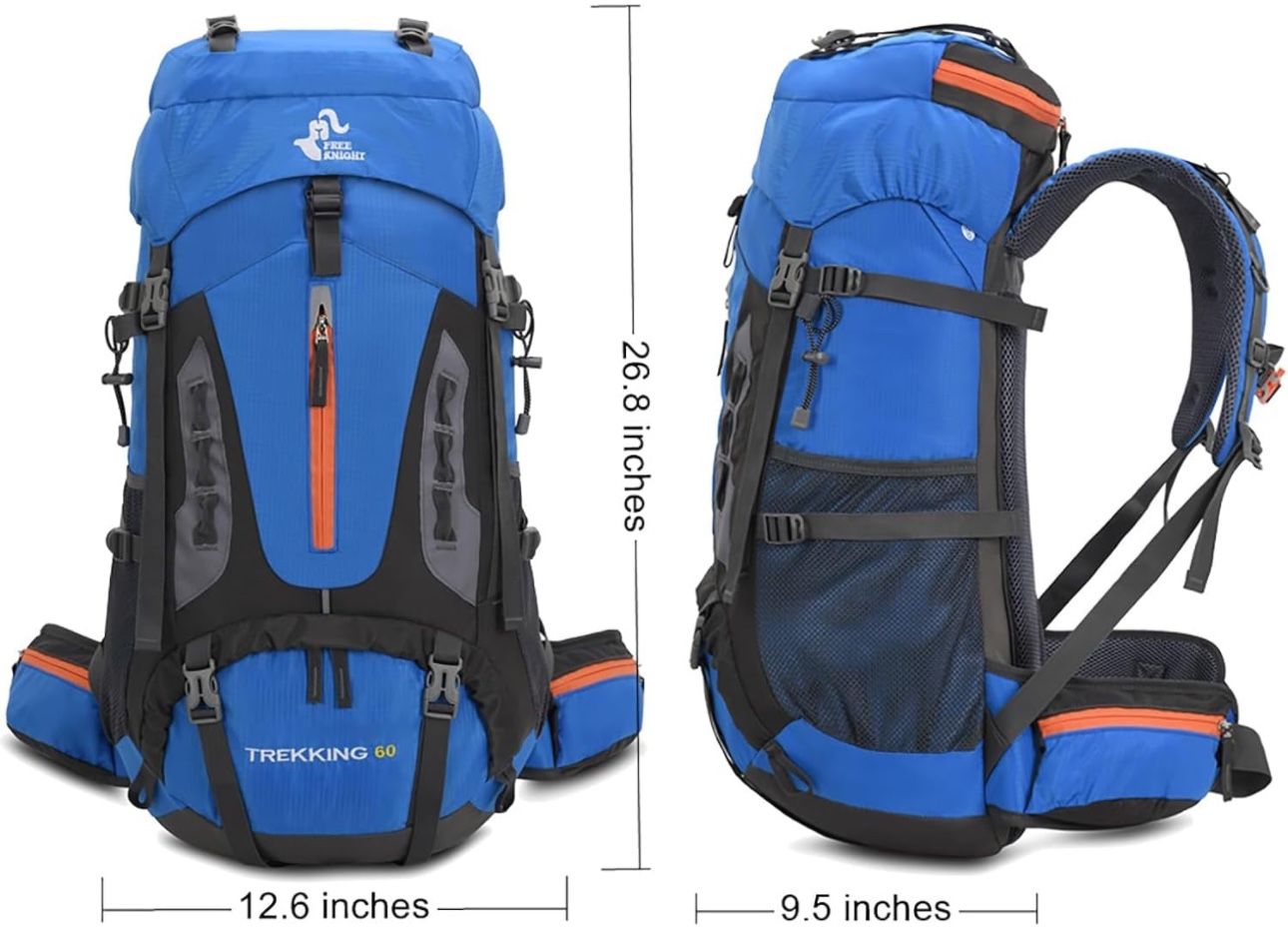 Bseash 60L Hiking Camping Backpack with Rain Cover, Waterproof Large Capacity Outdoor Sport Travel Daypack Climbing Touring (Light Blue)