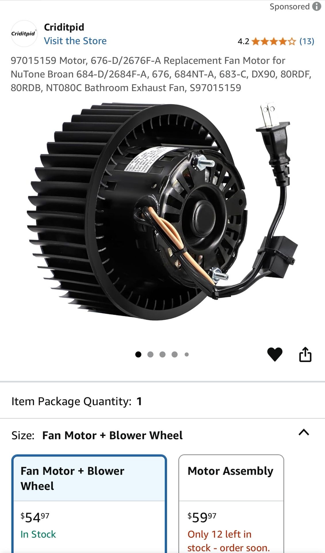 Criditpid (contact info removed)9 Motor, 676 Replacement Fan