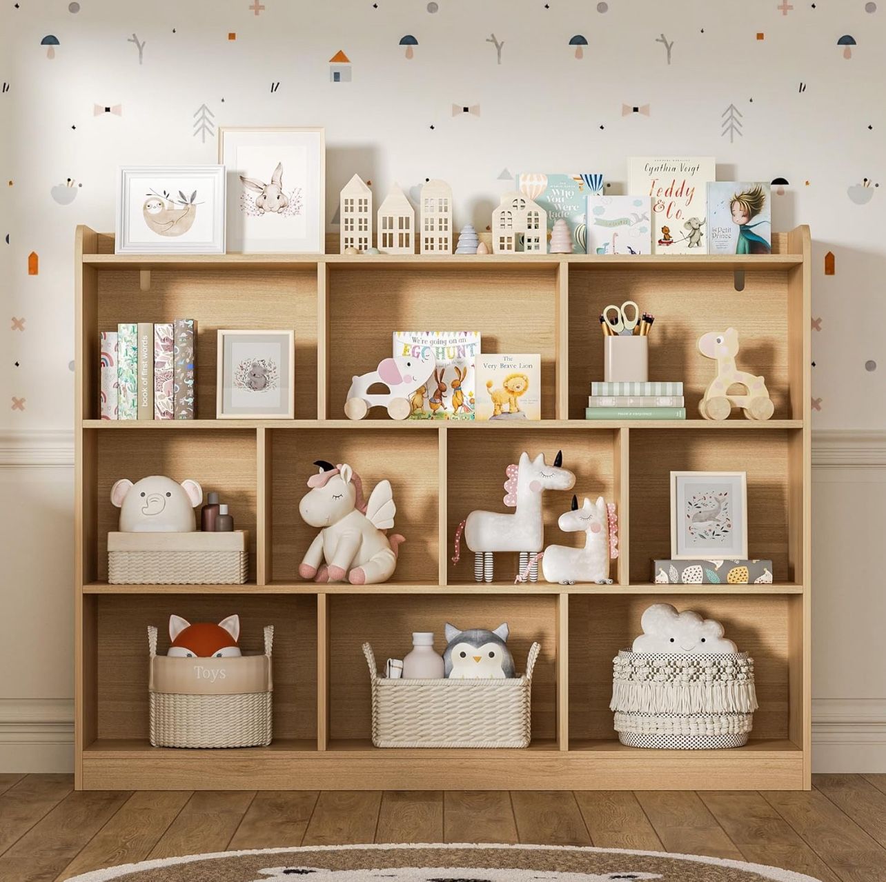 Oak Bookshelf, Wood Bookcase with 3 Tier Open Shelves, 10-Cube Minimalist Storage Shelf for Living Room, Bedroom, 55.1" W x 42.5" H