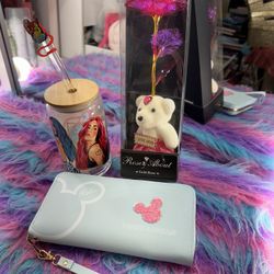 Perfect Bundle Mothers Day Gift 💝 Karol g Glass Cup & Disney Wallet  & Light Rose 🌹 With A Bear 🐻 