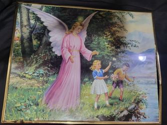 16 by 20 vintage Guardian Angel religious art print depicting an angel in a pink robe watching over