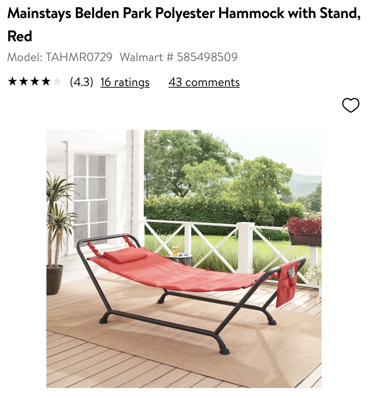 Mainstays Belden Park Polyester Hammock with Stand, Red
