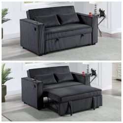 Black corduroy loveseat pull out sofa bed with cup holders