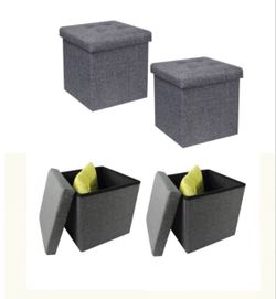 2 Pcs Collapsible Storage Ottoman, Grey Linen, 15" X 15"