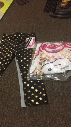 Brand new tee and skirt, and two legging size 4