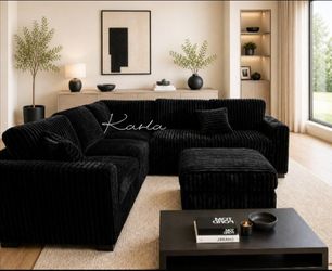Stunning black sectional sofa with ottoman Fur-Like Jumbo Corduroy