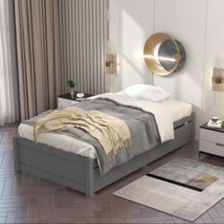 NEW Gray Wood Frame Twin Size Platform Bed with 2-Drawers Storage