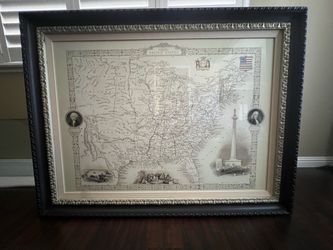 Oversized 50"'W Framed 1850 Map of United States - Black Ornate Carved Rope Twist-Gold Silver Lip