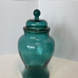 vintage 1960s Art Glass apothecary jar in a teal/blue-green color