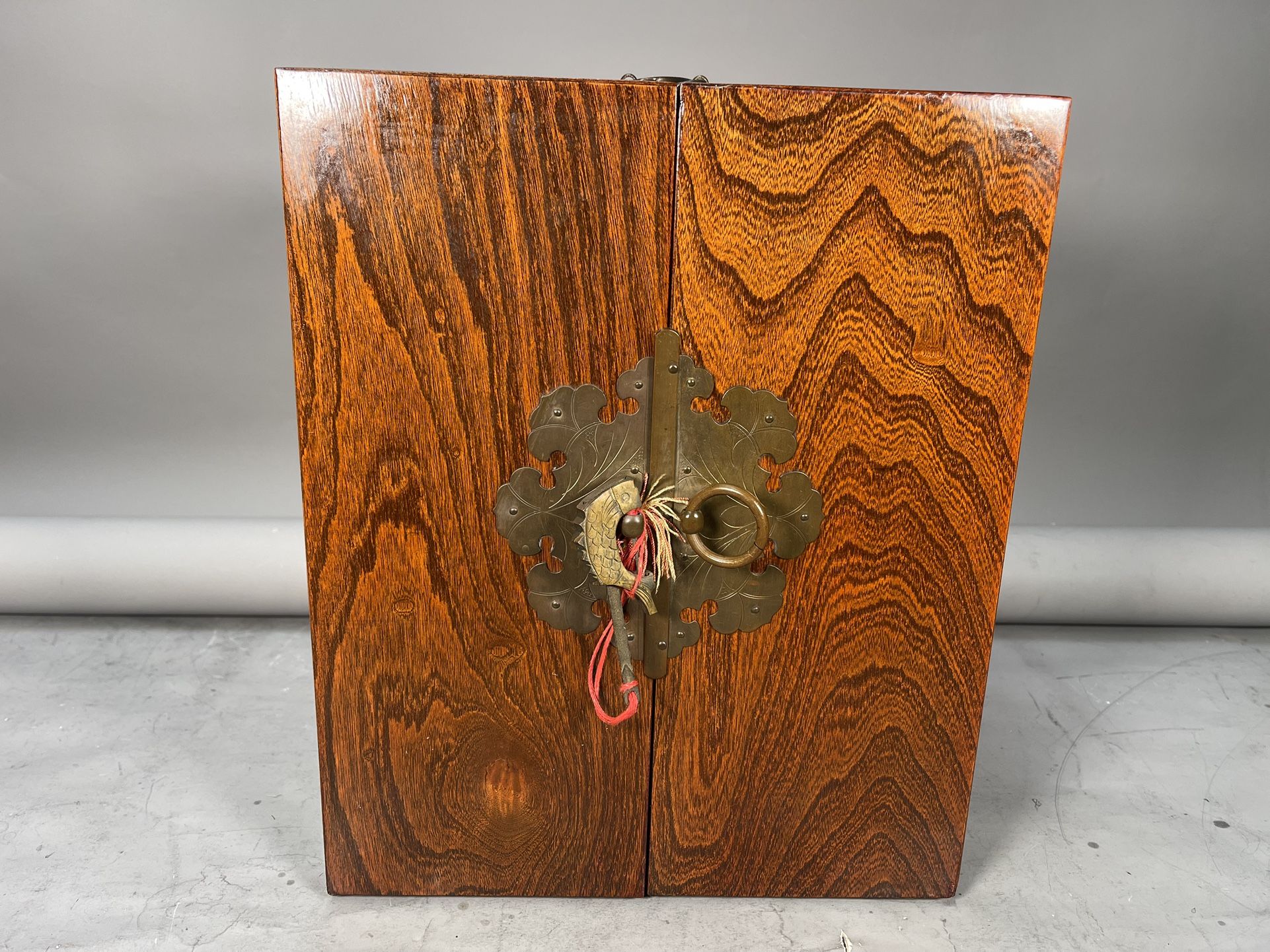 Beautiful Vintage Asian Handmade Brass Mounted Wood Carved Traveling Apothecary Chest