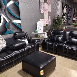 New Reclining Black Sofa & Loveseat with Console and Baseball Stitching  -(New)