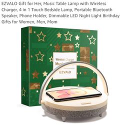 EZVALO Gift for Her, Music Table Lamp with Wireless Charger, 4 in 1 Touch Bedside Lamp, Portable Bluetooth Speaker, Phone Holder, Dimmable LED Night L