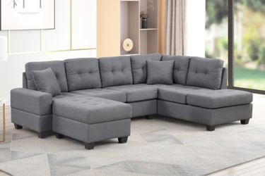  Fabric Reversible Sectional Sofa & Ottoman w/ Throw Pillows