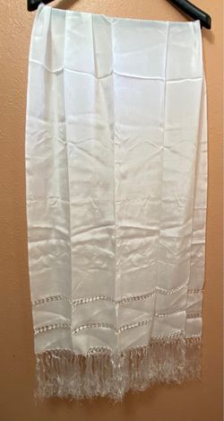 White Satin Shawl Wrap with Fringe