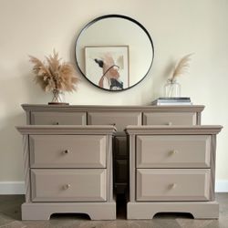 refinished neutral bedroom set | dresser + two nightstands
