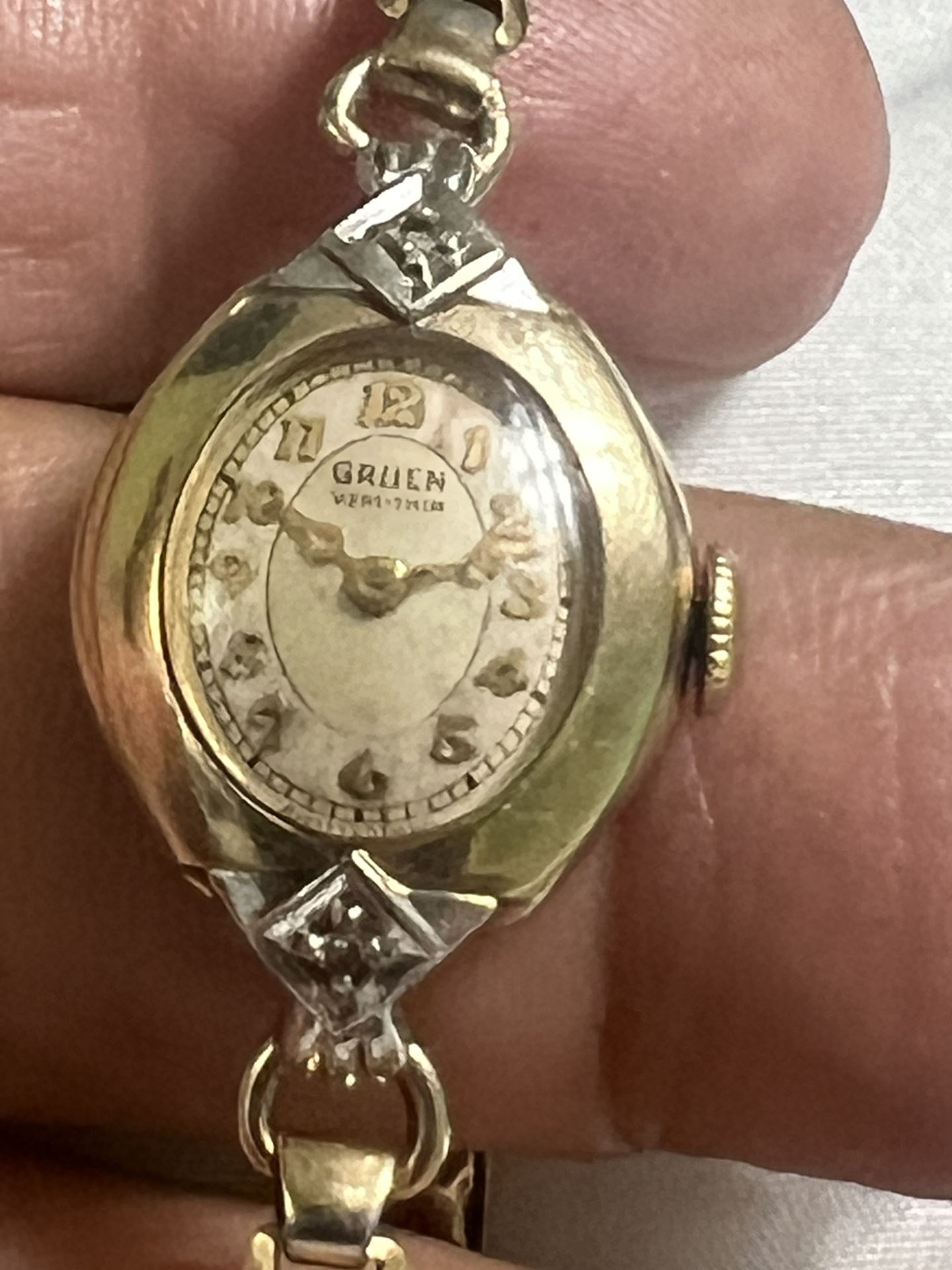 Vintage Gruen 2 Diamonds 10k Gold Filed  Ladies Watch Good Condition