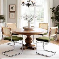 Zesthouse Mid Century Modern Dining Chairs Set of 4, Natural Rattan Dining Chairs with Solid Wood Back & Chrome Base, Upholstered Velvet Fabric, Green
