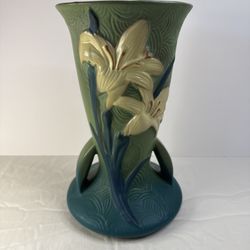 Vintage Art Pottery Floral Lily Green White Pottery Clay Vase 9.25 Inches