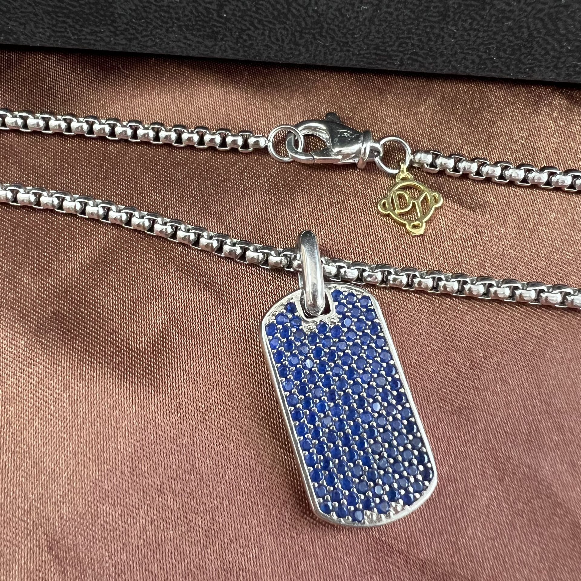 David Yurman Pave Tag Necklace Dog Tag 925 Silver Blue with 21in Chain