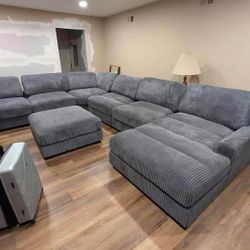 New 7 Piece Corduroy Sectional.  Grey Or Beige.  127x164x66.  Free Delivery!