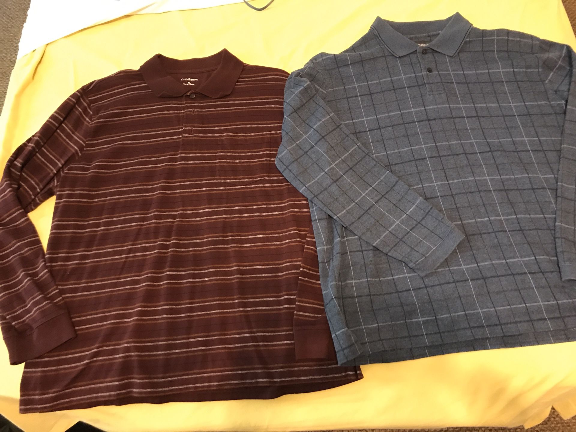 2 men’s long sleeve Xl Croft & barrow shirts polo burgundy stripe blue plaid