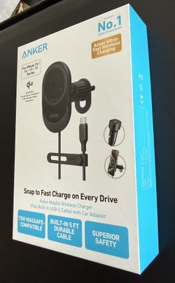 Anker MagGo Wireless Charger (Pad, Built-In USB-C Cable) with Car Adapter