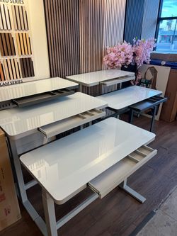 47" White Glass Top Desk with Drawers