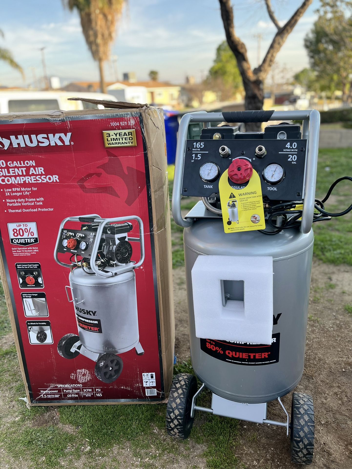 Husky 20 165 PSI Vertical Electric Quiet Air Compressor
