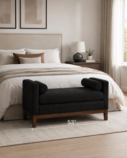 53" Black Boucle Modern Bench / Ottoman (Bedroom / Entryway / Living Room) w/ Wood Edging & Legs [NEW]  **Retails for $300+ <Assembly Req>