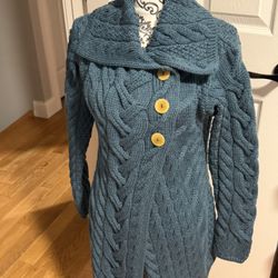 Long Wool Cardigan Aran Cable Knit Irish Merino Wool 3 Button Closure Soft S