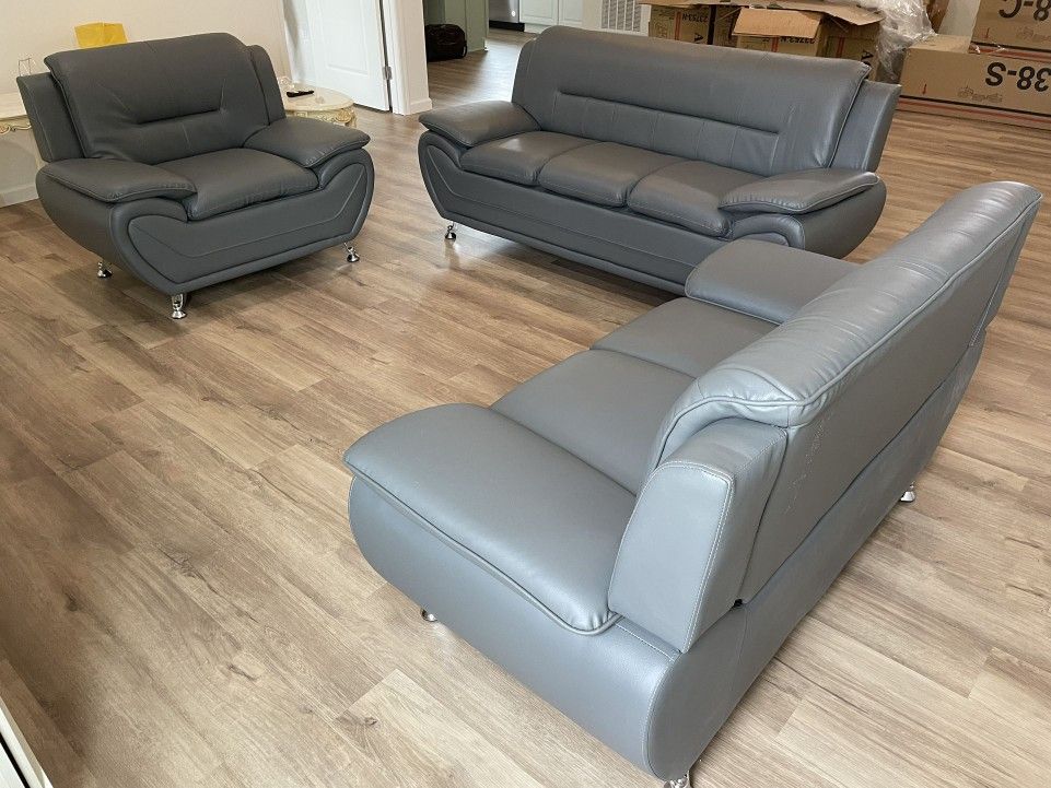 😍Brand New Leather Grey Sofa Loveseat Chair❄️