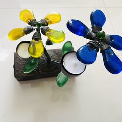 Floral Tealight Votive Candle Holder In Metal And Colored Glass With Drawer