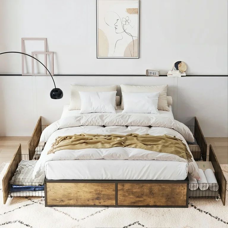 Full Size Platform Storage Bed Frame with 4 Large Drawers, Metal Slats Support-no mattress included