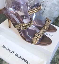 $995 MANOLO BLAHNIK BRONZE LEATHER CRYSTAL HIGH HEEL SLIDE SANDALS WORN 1X 40.5