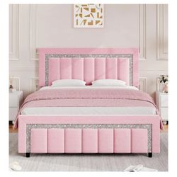 Queen Bed Frame with Headboard, Pink Velvet