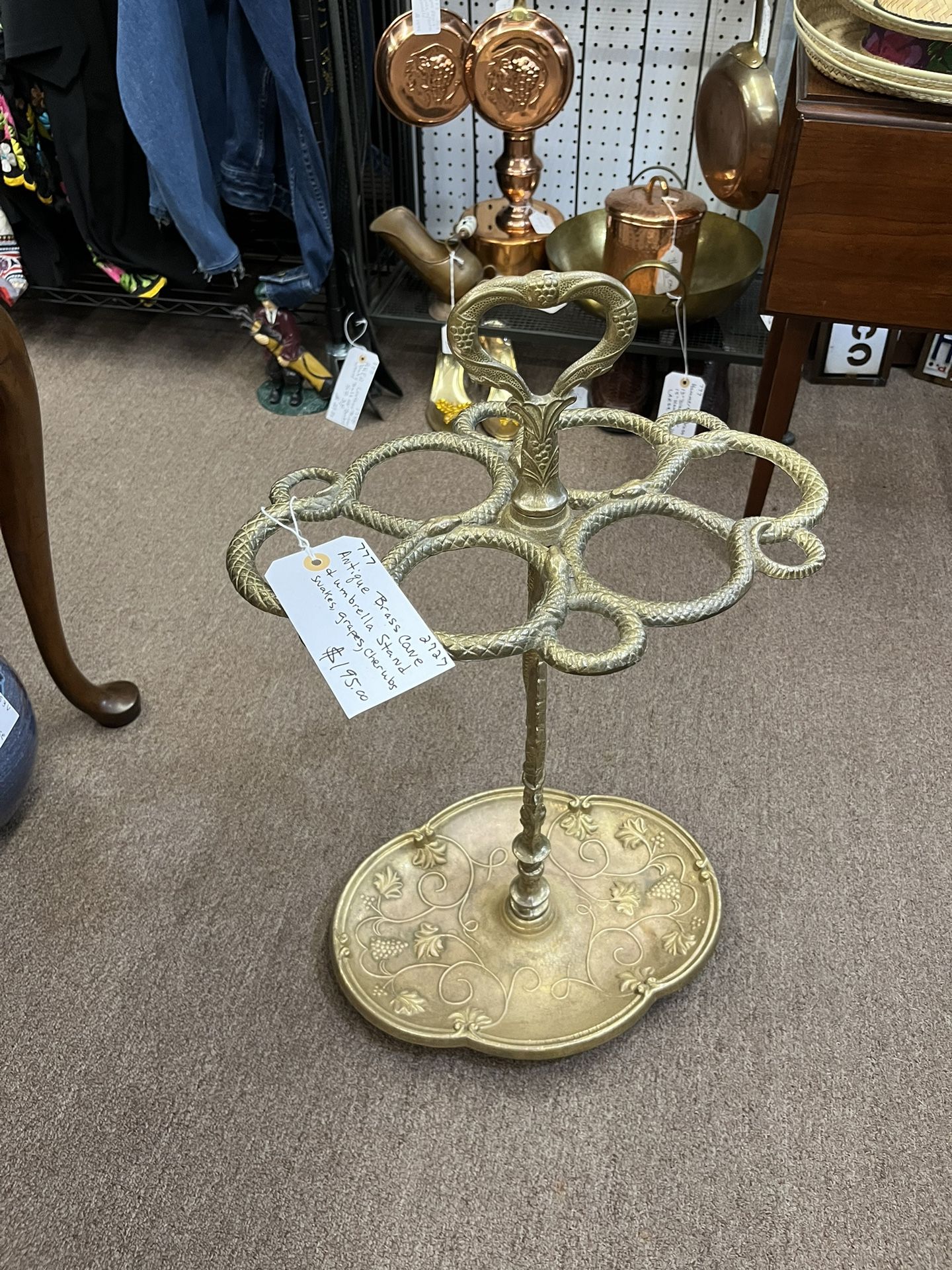 Antique Brass Snake Cane and Umbrella Stand