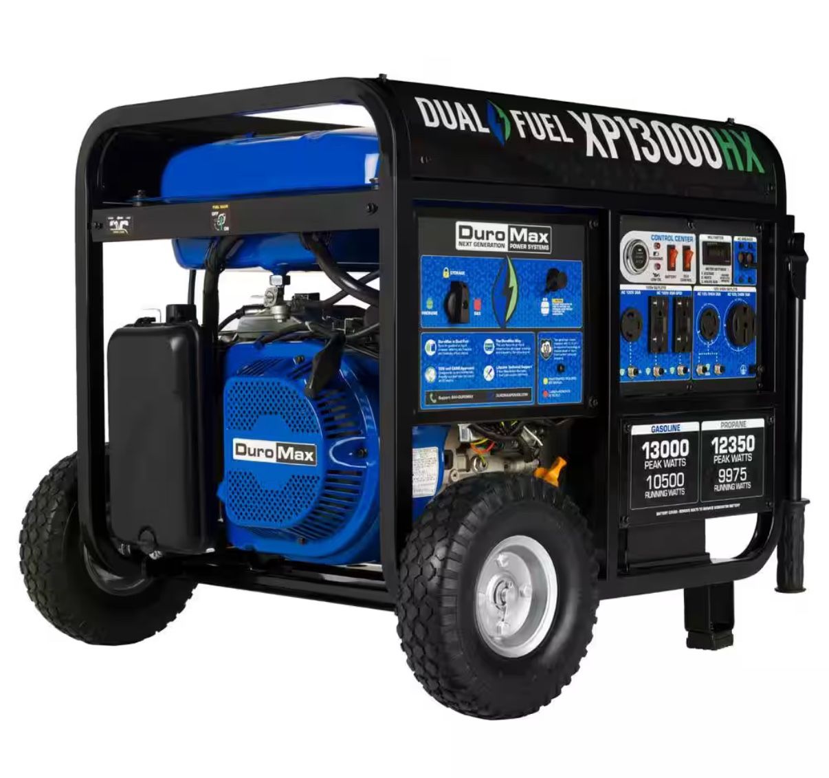 DUROMAX 13000/10500-Watt Dual Fuel Electric Start Gasoline/Propane Portable Home Power Back Up Generator with CO Alert Shutdown